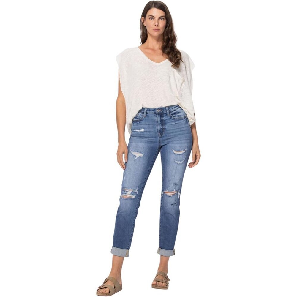 Women's High Waist Cuffed Destroyed Boyfriend Jeans Light Wash Casual